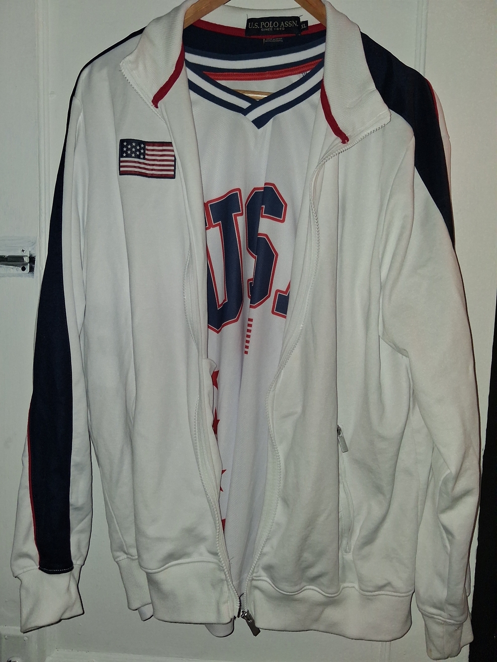 U.S. Polo Assn. White Track Jacket with Navy & Red Trim Team USA